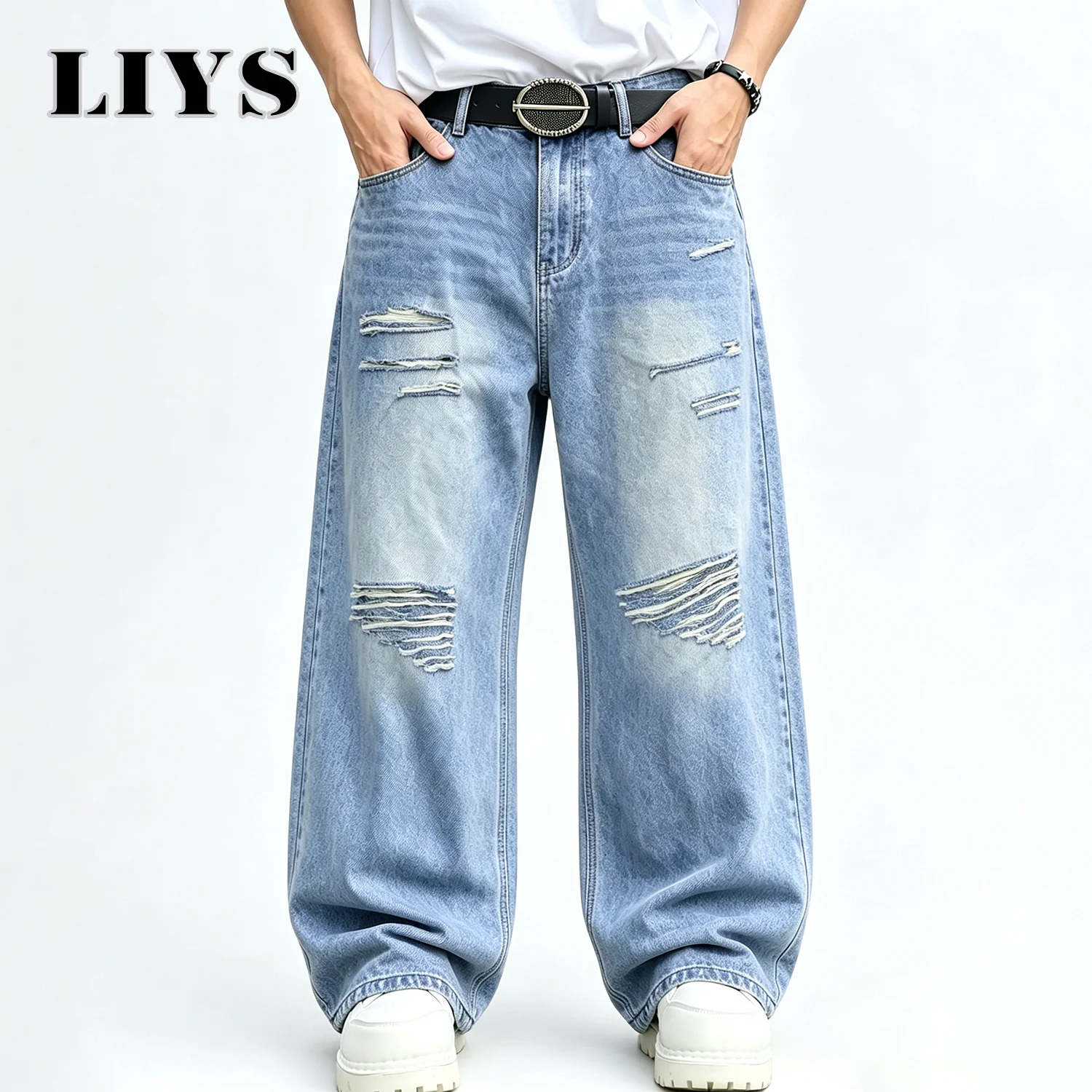 LIYS American Retro Blue Baggy Straight Leg Men's Jeans Four Seasons Street Straight Casual Ripped Denim Pants Clothes Unisex ﻿