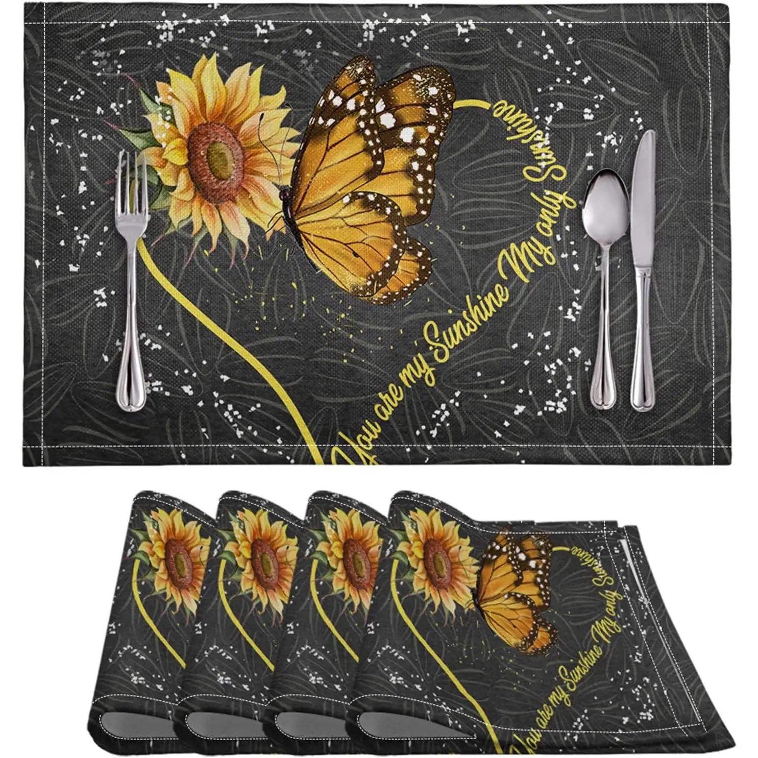 

Love Butterfly Sunflower Print Placemat Heat Resistant Place Mats Table Mats Set of 4 Easy to Clean Outdoor Indoor Placemats