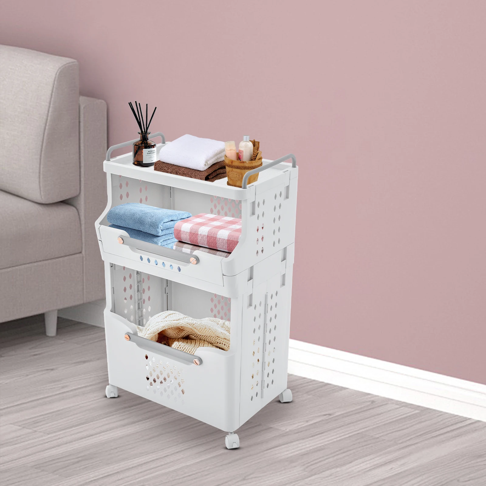 Rolling Storage Trolley White 2-tier Movable Laundry Rack Large Capacity Utility Cart Multi-Layer Toys Kitchen Organizer Box