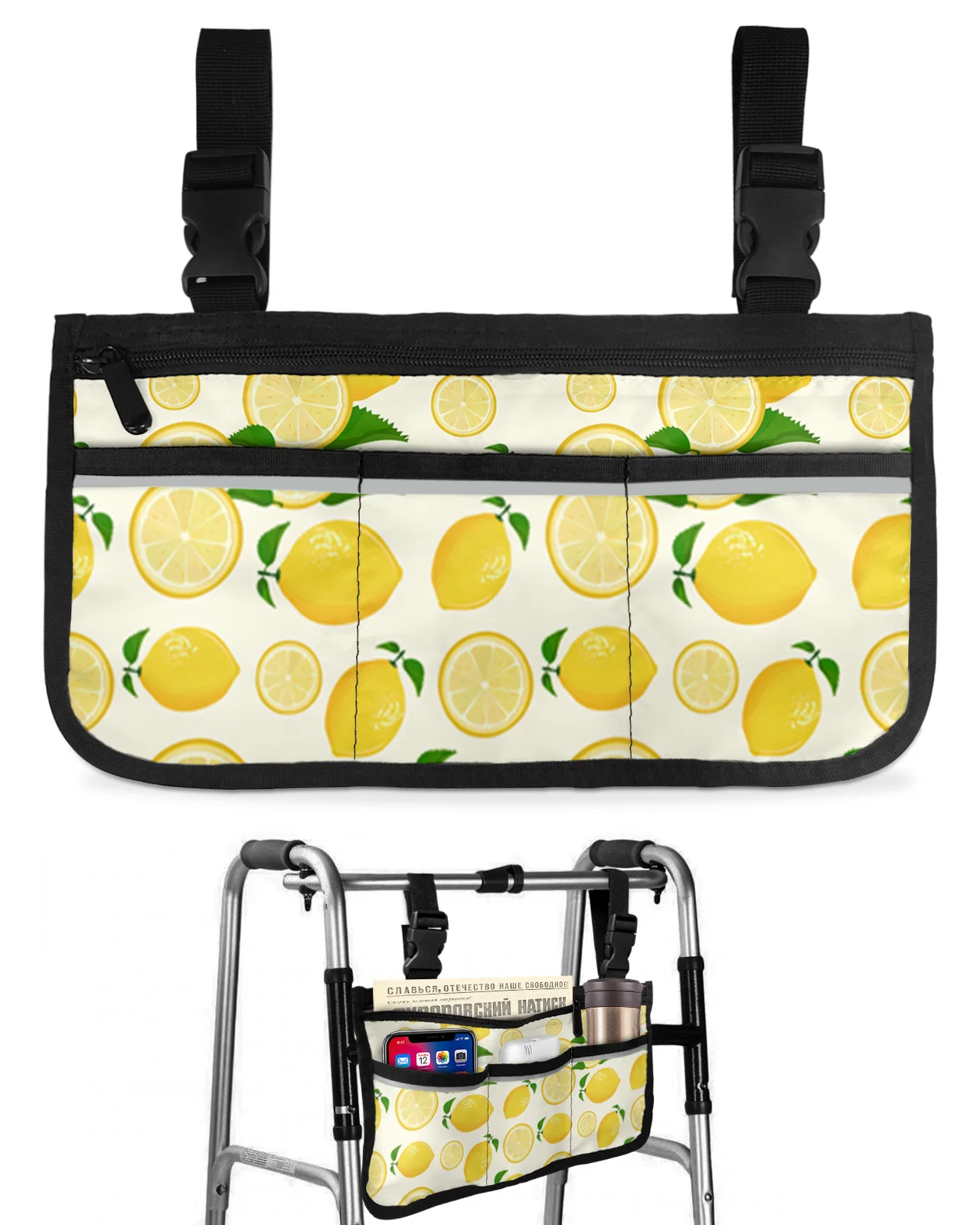 Fresh Summer Style Lemon Fruit Wheelchair Bag With Pockets Armrest Side Bags Electric Scooter Walking Frame Storage Pouch