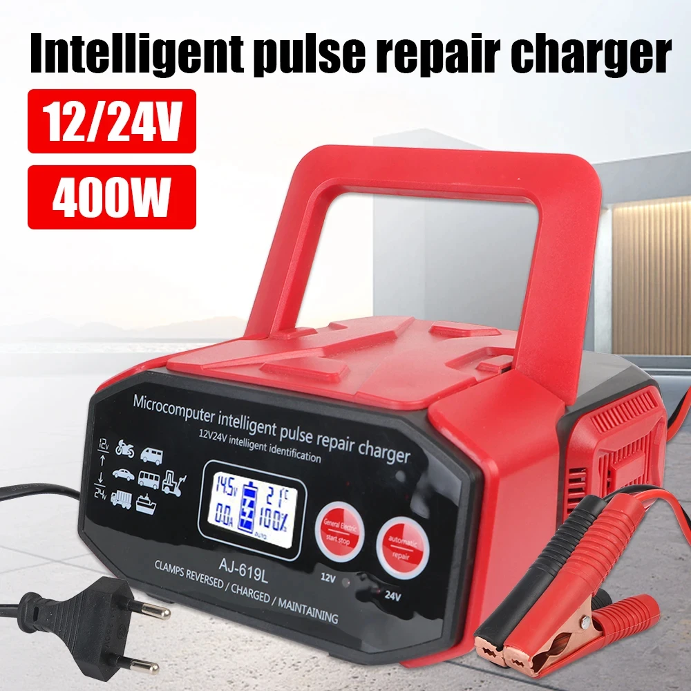 High Power 400W Smart Car Battery Charger Intelligent Pulse Repair 12V/24V LED Display for Car Truck Boat Motorcycle