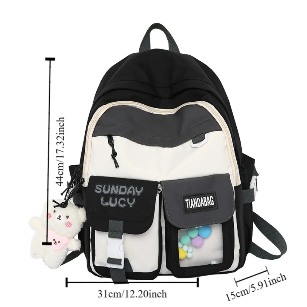 Trendy Nylon Large Capacity Backpack Double Zipper Commute Korean Style School Bag Canvas with Bear Pendant Casual Knapsack Kids