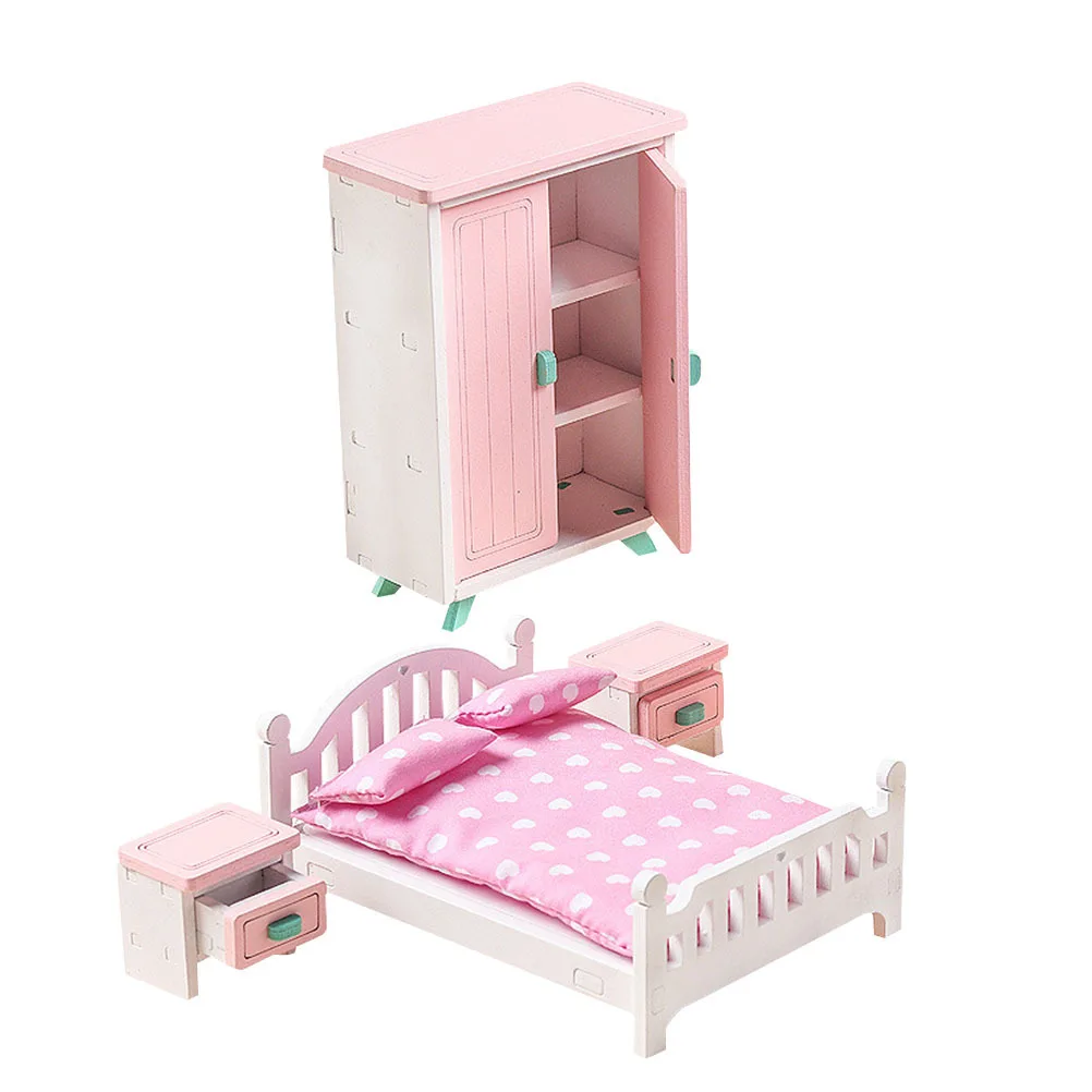 1Set Mini Houten Bed en Nachtkastje Set voor Miniatuur Huisindeling Lichtgewicht Realistisch Houten Meubilair Decoratieve Thuisscène
