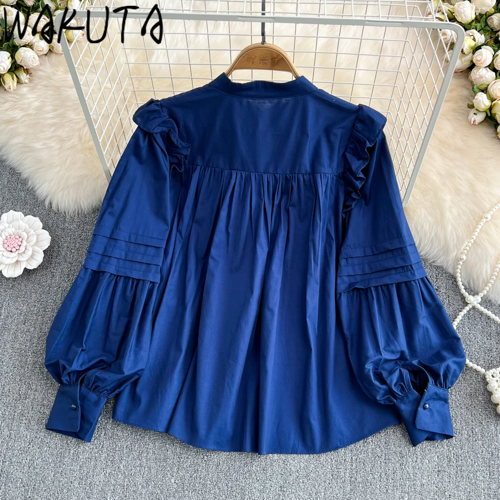 WAKUTA Slim Waist Vintage Women Shirts Ruffles Long Sleeve Stand Neck Female Solid Blouses Korean Style Simple Casual Clothing