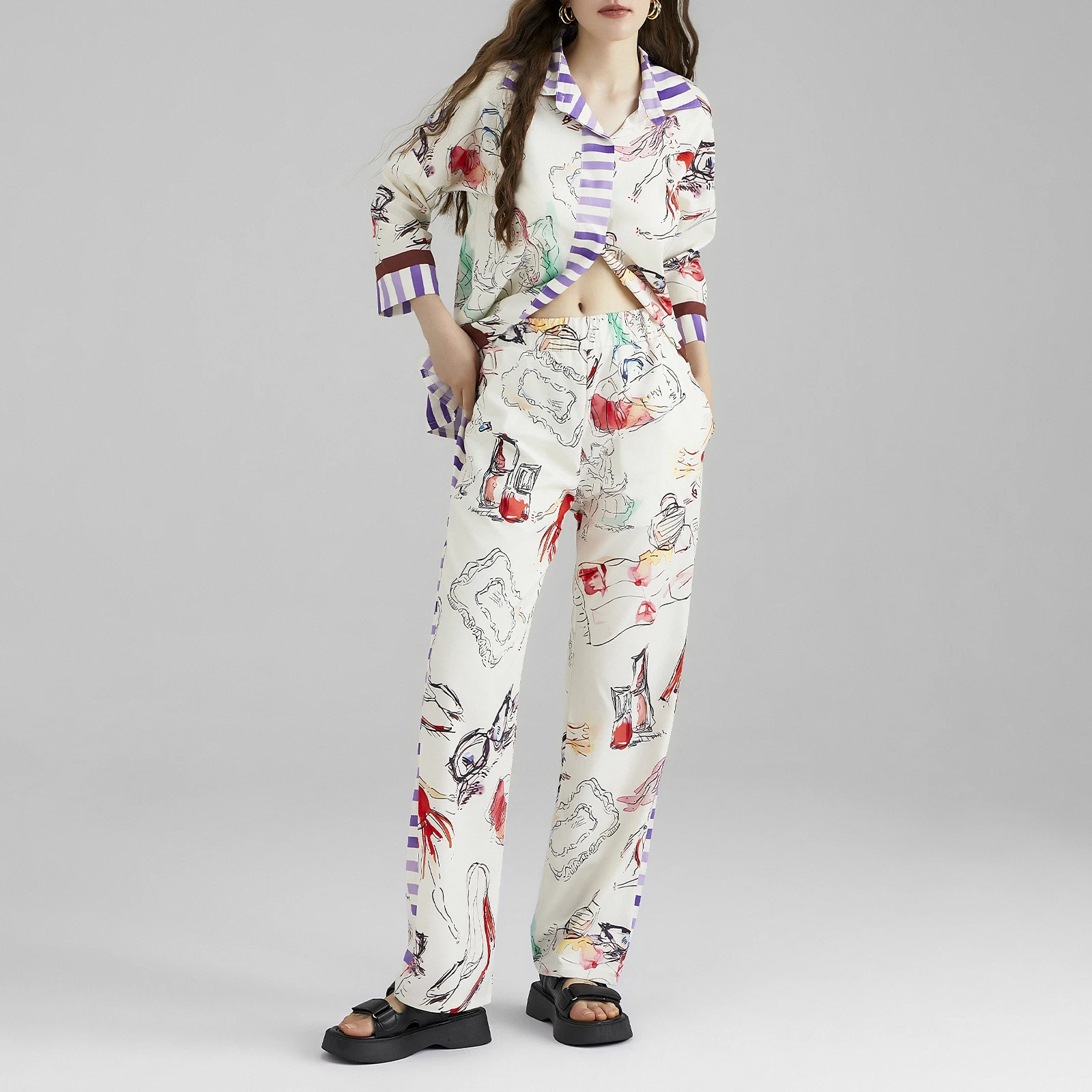 

Women Graphic 2 Piece Pants Outfit Loose Lapel Neck 3 4 Sleeve Button Down Shirt Elastic Waist Wide Leg Lounge Pants