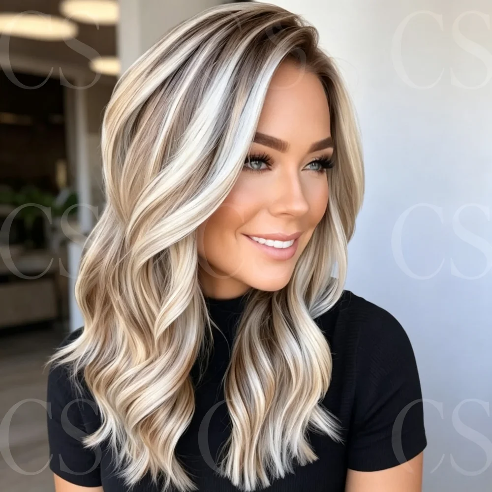 Wave 24 Inch Natural Glueless HD Lace Highlight Blond Front Wig Pre-Plucked Transparent Lace for Women