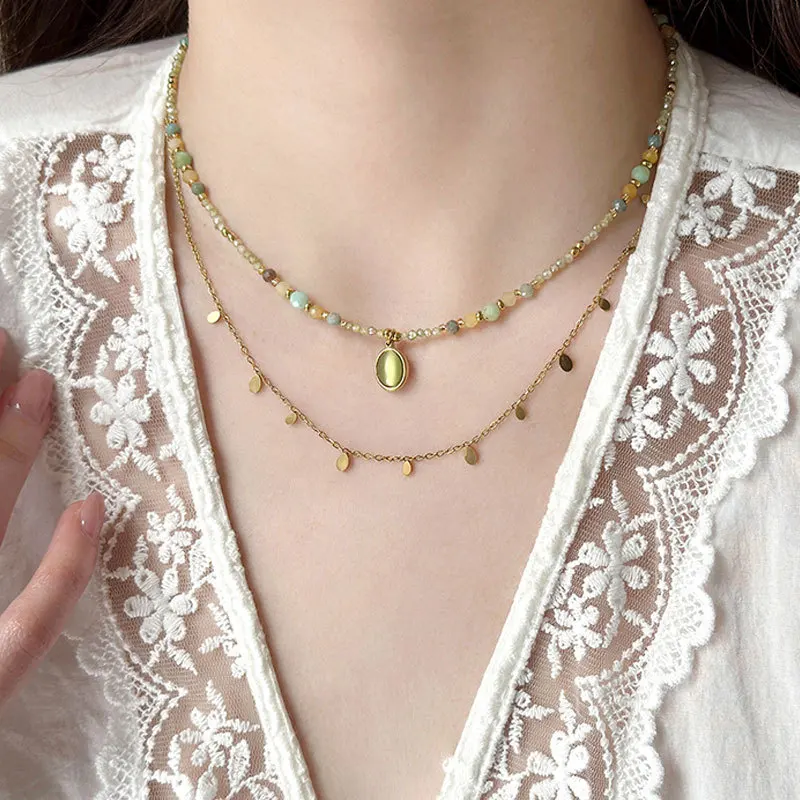 Minar Bohemia 2 Styles Mix Color Glass Beads Green Opal Oval Coin Pendant Necklaces for Women Gold Plated Chain Tassel Chokers