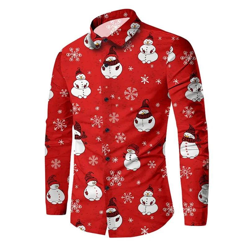 2024 Christmas Long Sleeve Shirt Lapel Men's Button Up Shirt Autumn Christmas Snowman 3D Printed Men's Casual Party Holiday Top