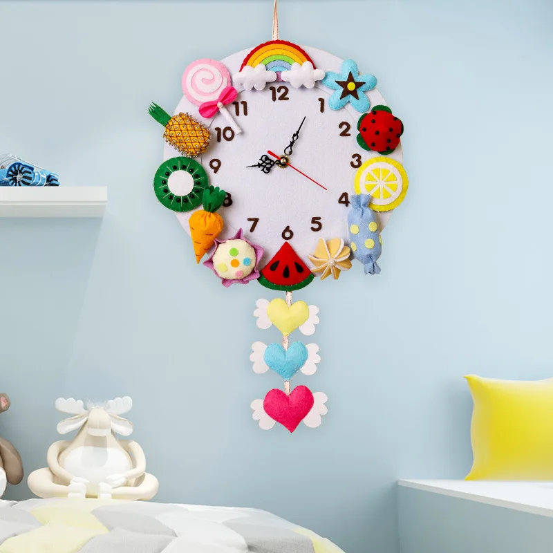 Horloge murale de forêt Non tissée, horloge créative en tissu fait à la main pour enfants, Kit de matériel de bricolage, ornements d'animaux de dessin animé