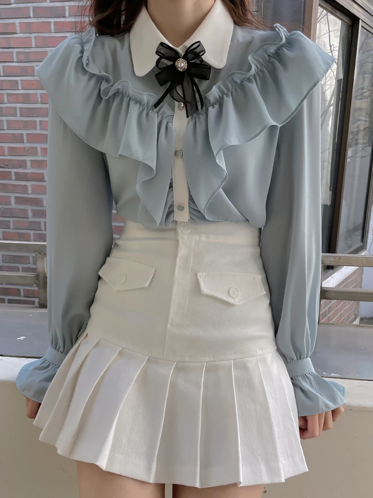 

Японские кавайные модные женские рубашки в стиле пэчворк с рюшами, шифоновые блузки с милым бантом, 2021, милая блузка в стиле Лолиты Mujer De Moda, топ