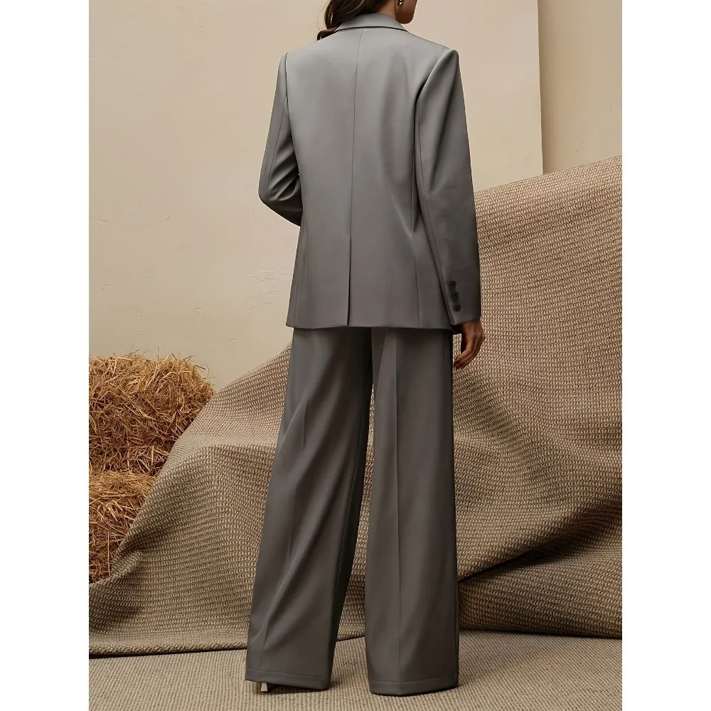 طقم بدلة نسائية أنيقة مكونة من قطعتين بلون واحد وصدر واحد، سترة مراد الملونة + بنطال مستقيم الساق، خريف نسائي