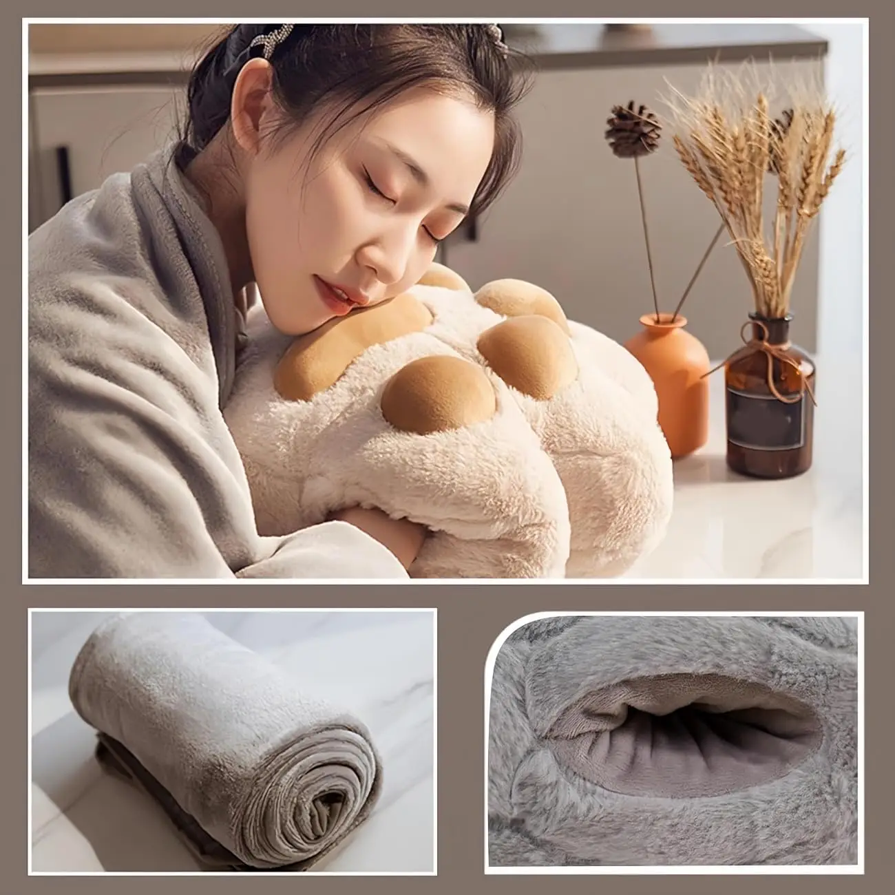 

Cat Paw Plush Pillow Warm Hand Warmer with 39 * 67Inch Compact Travel Cushion Blanket 3 in 1 Combo Nap Pillow Camping Essential