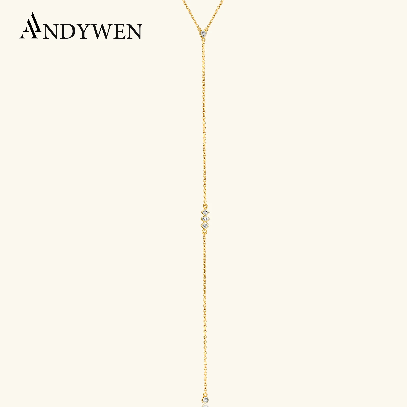 ANDYWEN Srebro próby 925 Pozłacany Długi Naszyjnik z Kryształem PIRAMIDE, Złoty Długi Łańcuszek 15cm, Luksusowa Biżuteria Ślubna