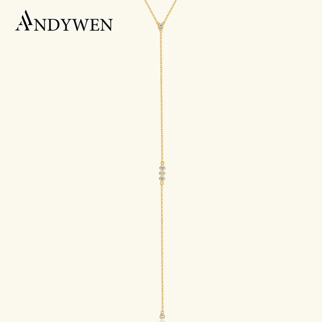 ANDYWEN Srebro próby 925 Pozłacany Długi Naszyjnik z Kryształem PIRAMIDE, Złoty Długi Łańcuszek 15cm, Luksusowa Biżuteria Ślubna