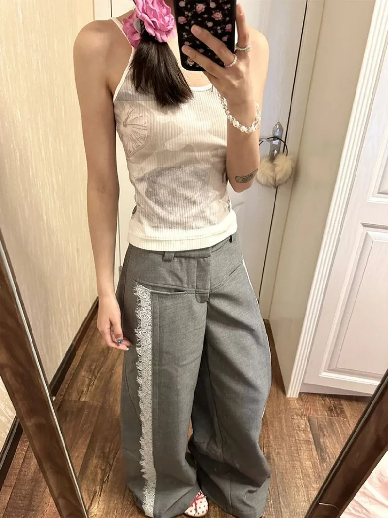 American Style Fashionable Lace Lace Patchwork Casual Pants 2024 Women's Spring New Retro Gray Floor Mop Pants Female Clothing