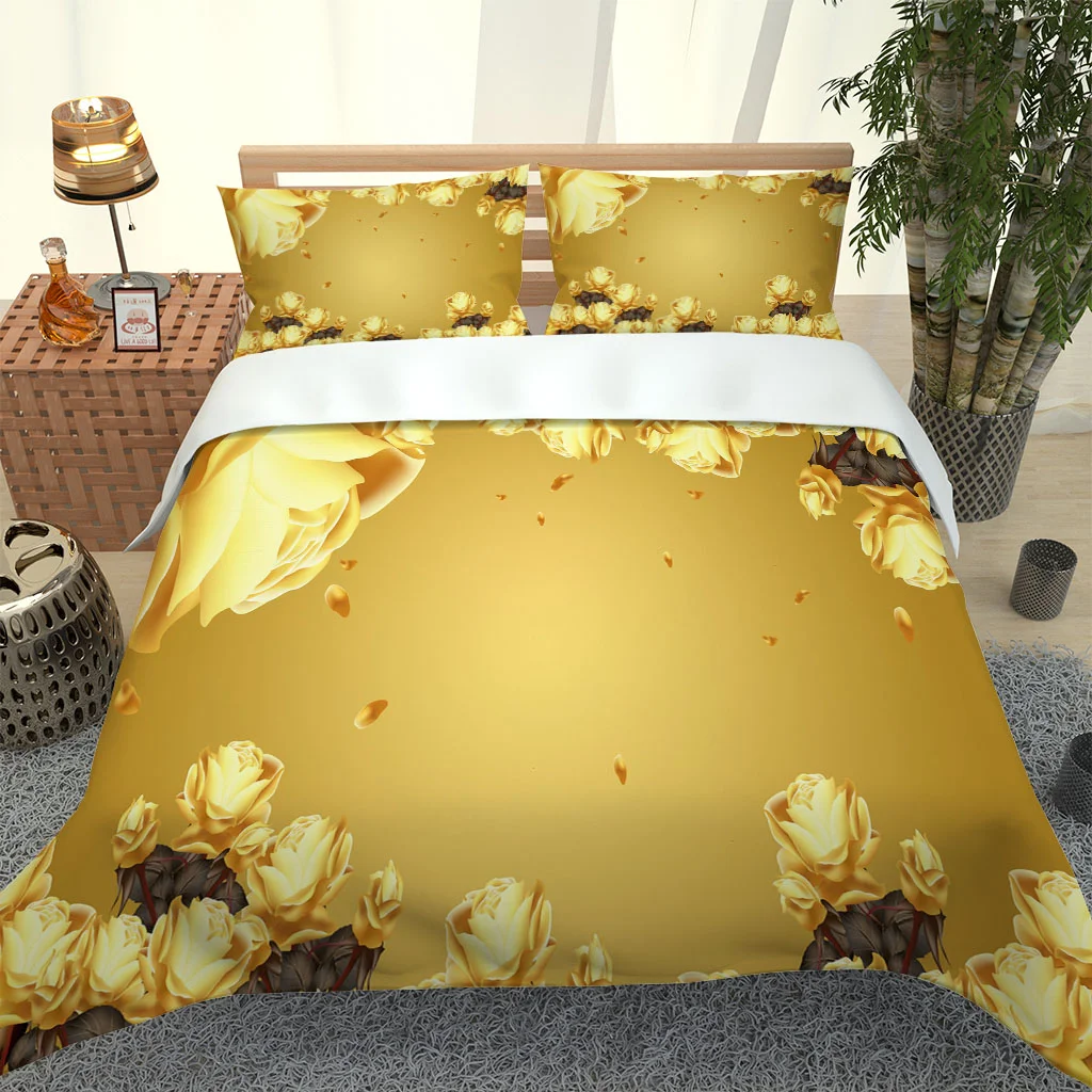 HUANZHUANG Bedding Set 3 Piece Golden Rose Flower Themed Duvet Cover, Breathable Microfiber Material And Pillowcases Luxury Gift