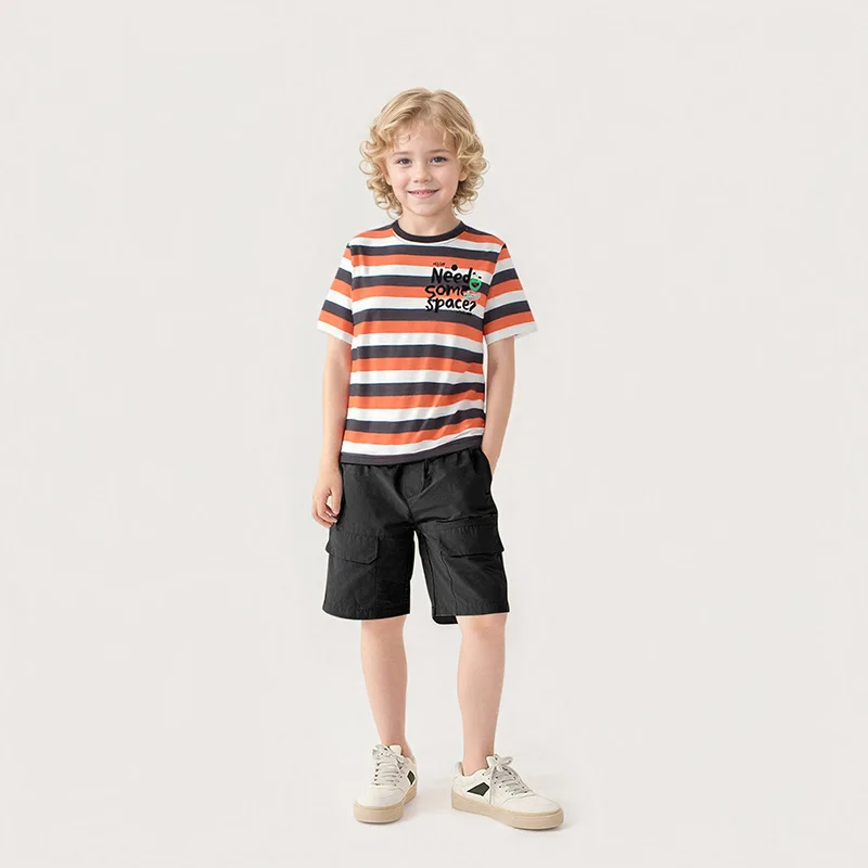 2026 Summer  Korean Version Boys Short Sleeved Bottom T-Shirt Kids  Splicing Stripe Tops For Teenager Girls 3-13 Years Wear