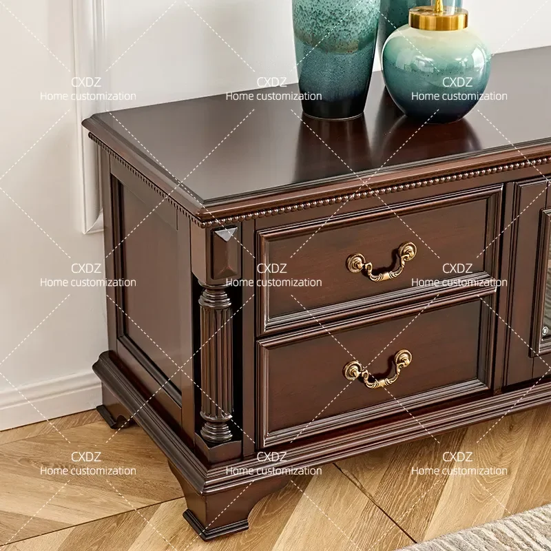 Cherry Wood Solid Wood TV Cabinet Retro Glass Sliding Door Storage Locker Simple Living Room High Leg Floor Console