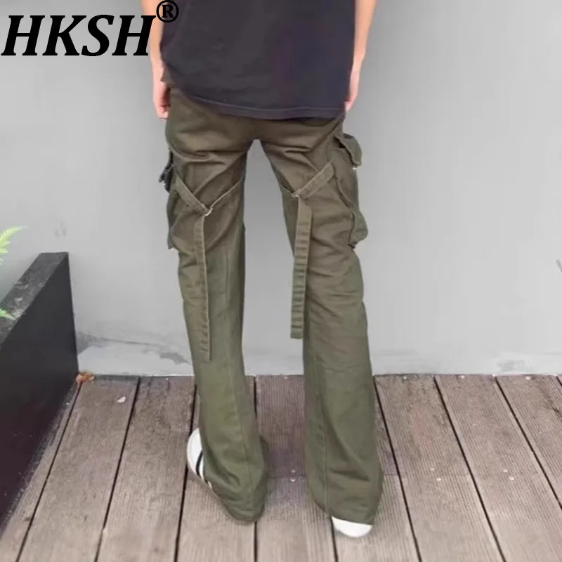 

HKSH 2026 Весна-Лето-Осень Новые мужские брюки в стиле панк-сафари, оригинальные расклешенные повседневные брюки-карго с ремнями, шикарные, в стиле Y2K, HK20195