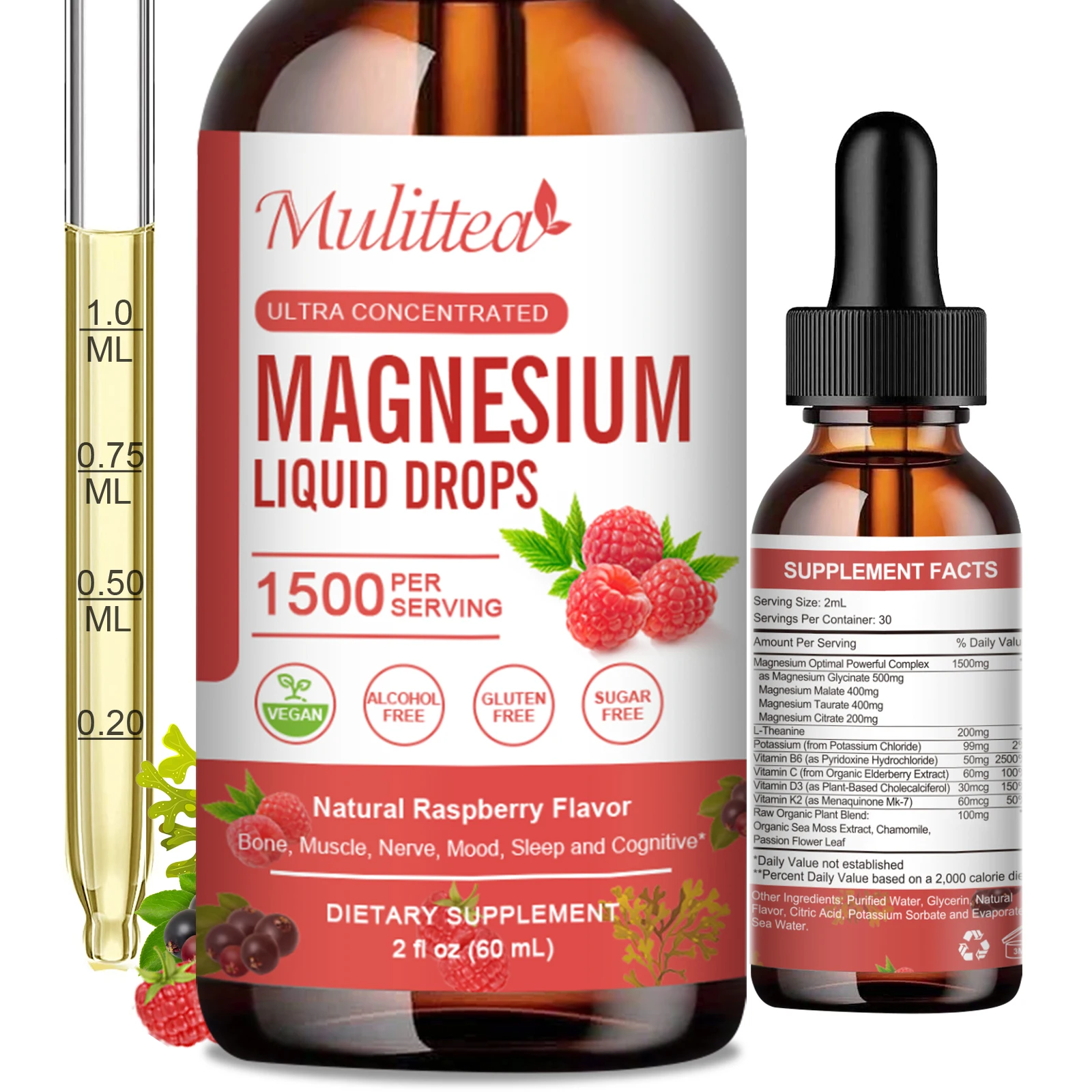 

Mulittea Magnesium Liquid Drops - Triple Absorption Supplement To Support Nerves, Nighttime, Heart, Muscles