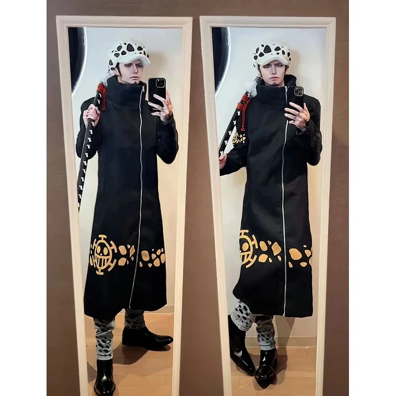 Disfraz de Cosplay de Anime One Piece, Pirata Trafalgar D. Water Law, Capa Negra, Sombrero, Pantalones, Chaqueta Cortavientos Larga, para Fiesta