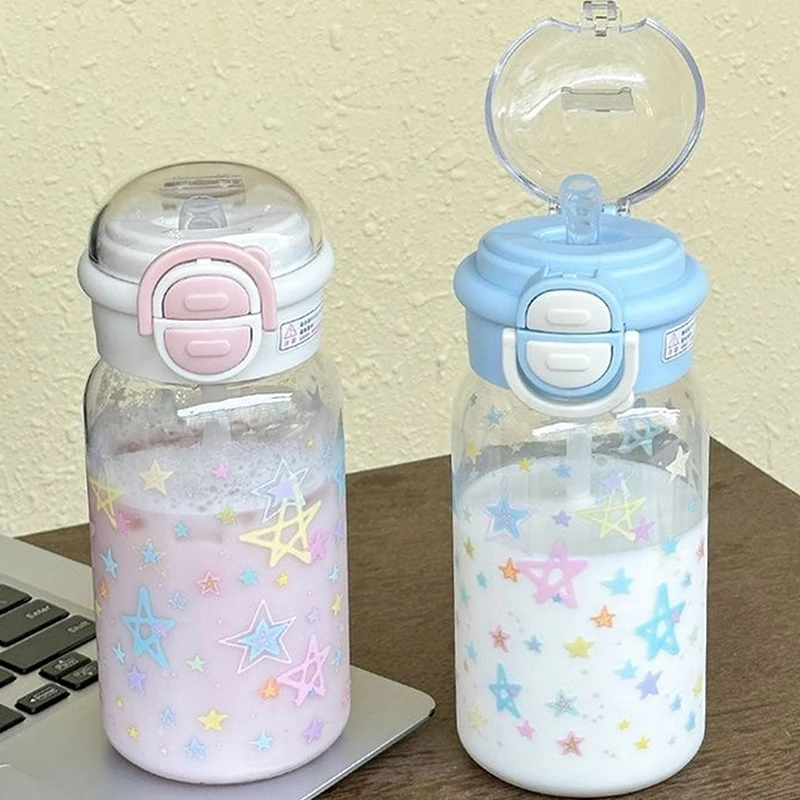 Botellas de agua bonitas de 500ml con pajita, cubierta emergente de plástico portátil, taza de agua para chico, botella Kawaii, taza para beber a prueba de fugas