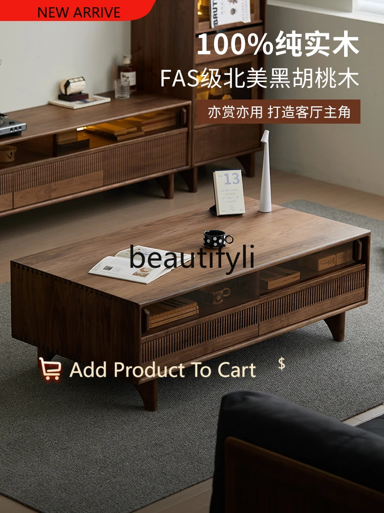 

North American black walnut solid wood coffee table Nordic simple living room storage drawer tea table G1218