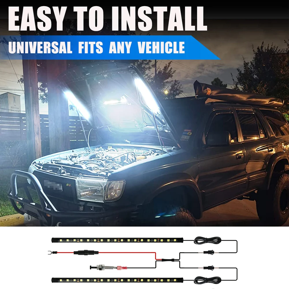 1set LED Car Under Hood Work Inspection Light Kit Waterproof White LED Strip Lights Bars Car Hood Lights Fits Any Vehicle 12V