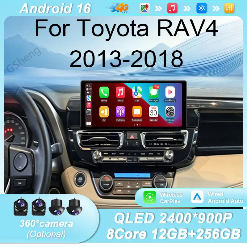 12.3 inch Wireless CarPlay Android Auto BT DSP WiFi Split‑Screen For Toyota RAV4 2013‑2018 Autoradio QLED IPS Touch‑Screen LHD