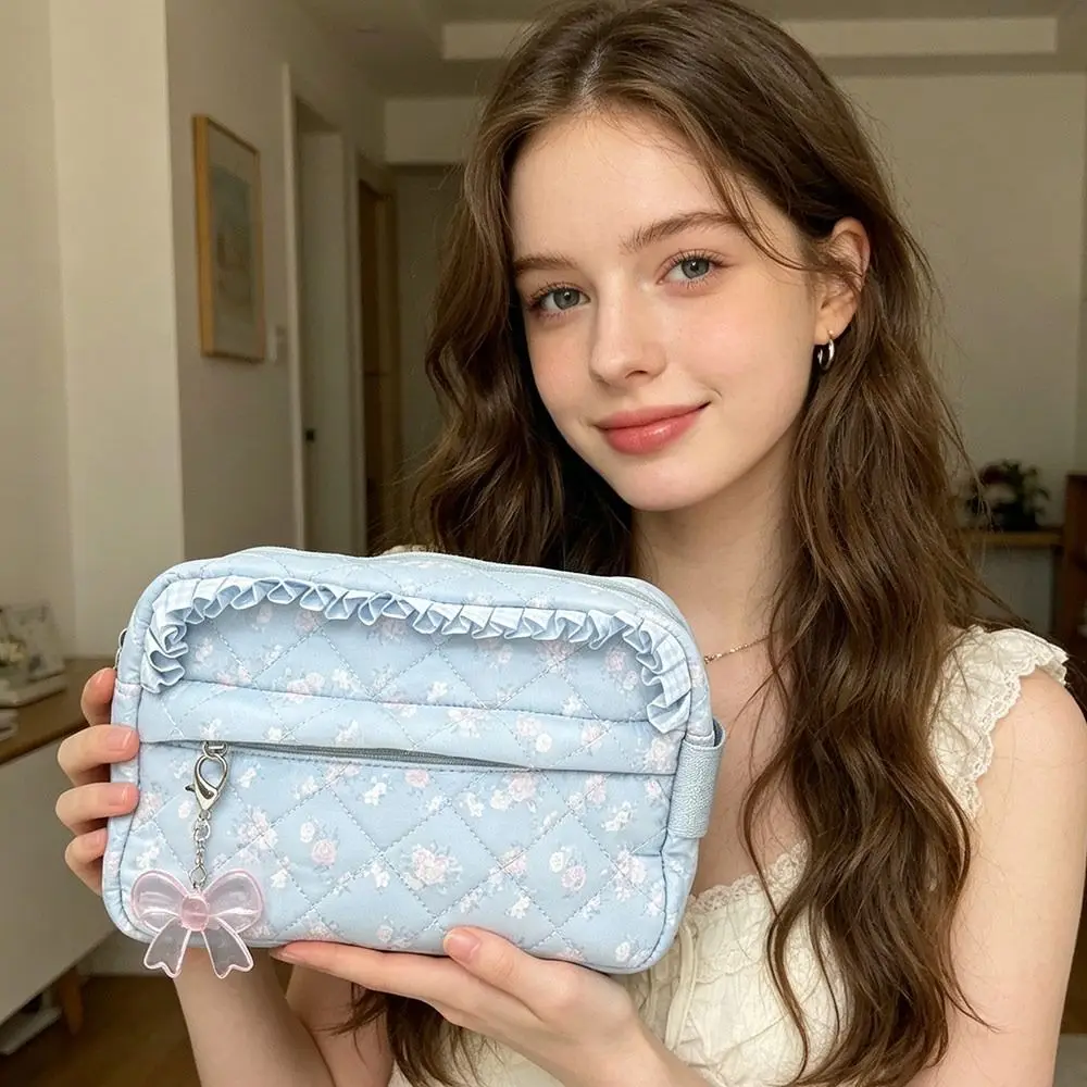 Sweet Quilted Cotton Cosmetic Bag Large Capacity Portable Makeup Pouch Floral Ruffle Makeup Bag Women Girls