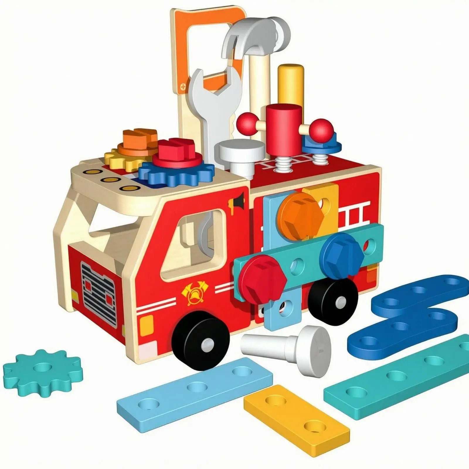 Wooden Assembly Fire Truck Interactive Play Screw-on Building Truck Colorful