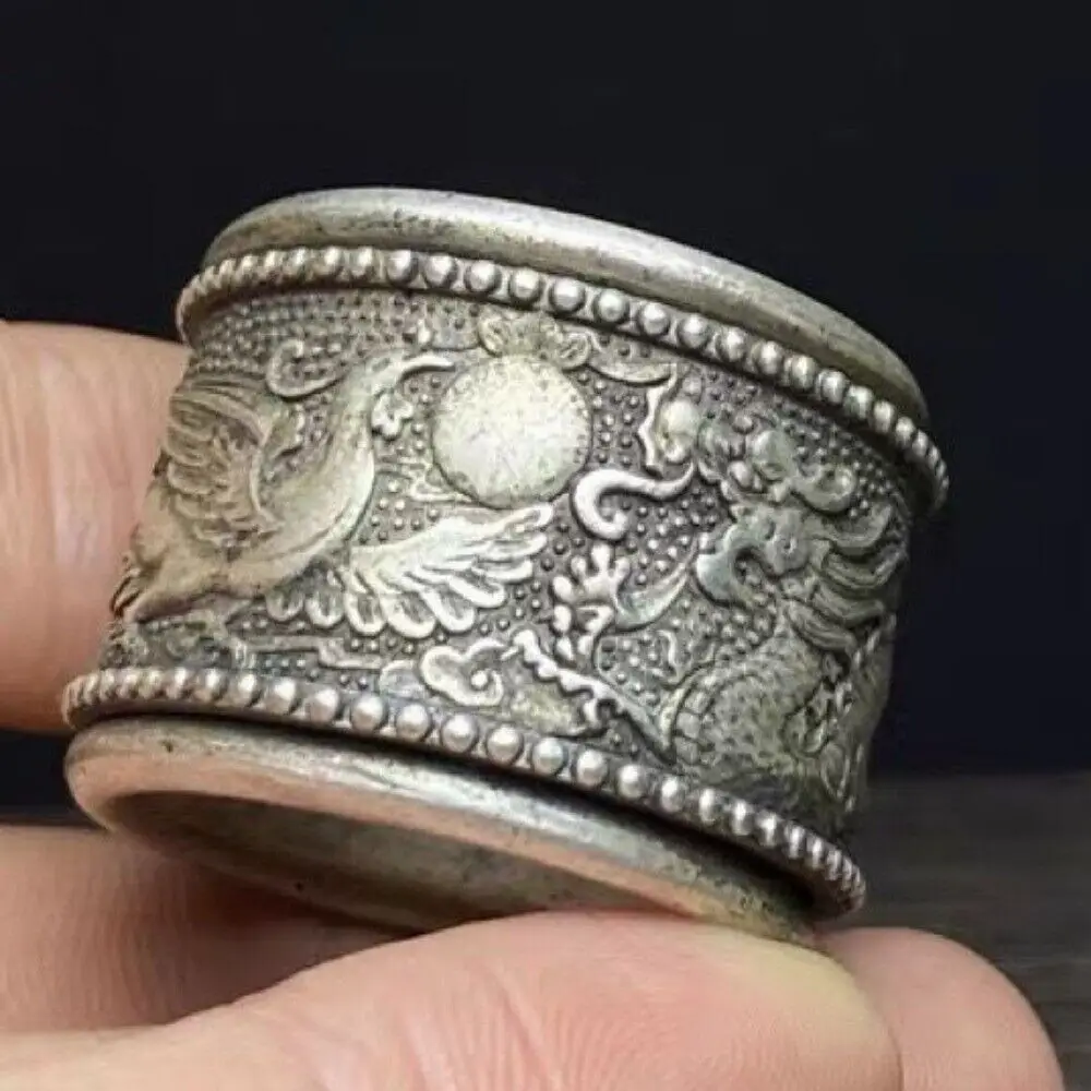 Old Chinese Tibet Silver Handcarved Dragon Phoenix Turn Ring Guangxu Mark