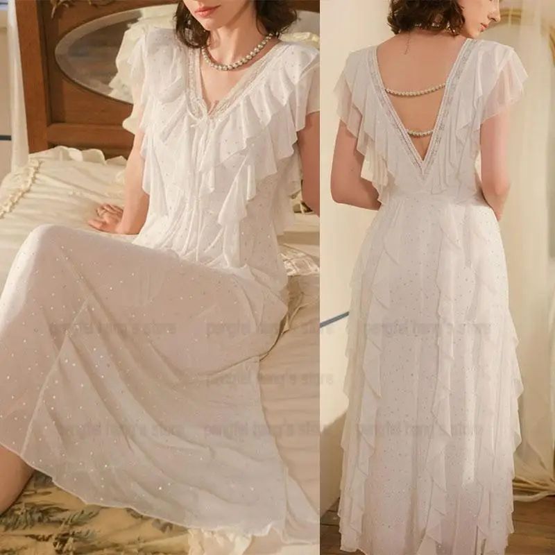 

Женская ночная рубашка, ночная рубашка для дам, платье для сна, длинная вечерняя пижама, сексуальная одежда для сна, атласная кружевная ночная рубашка с чистыми воланами, ночная рубашка