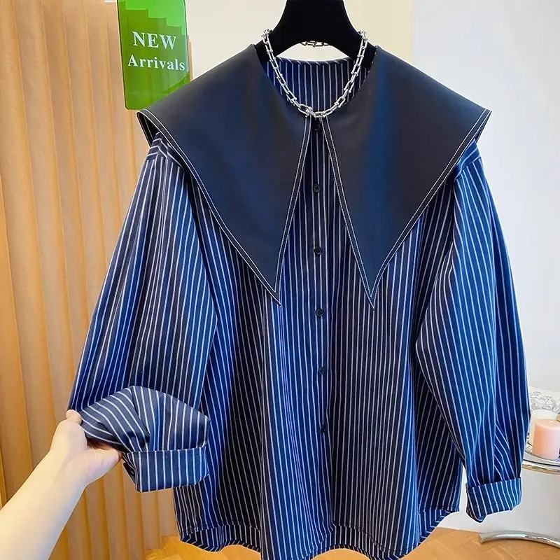 French Doll Collar Long Sleeve Shirt for Women for Autumn Trendy Striped Navy Collar Top