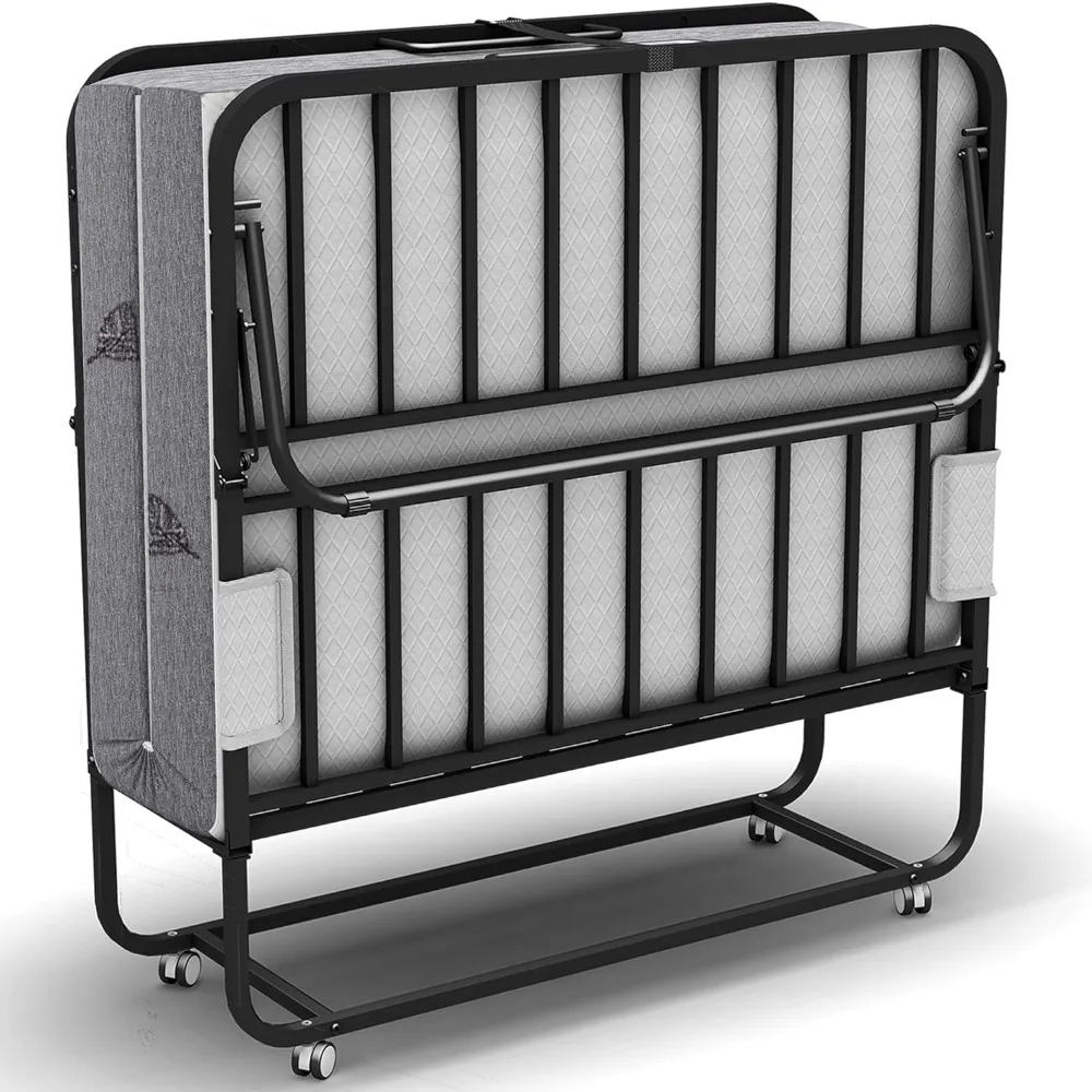 

75X46 Folding Bed with Mattress Twin XL 5 Memory Foam for Adults Rollaway Portable Foldable Guest Student Extra Bed with Side Po