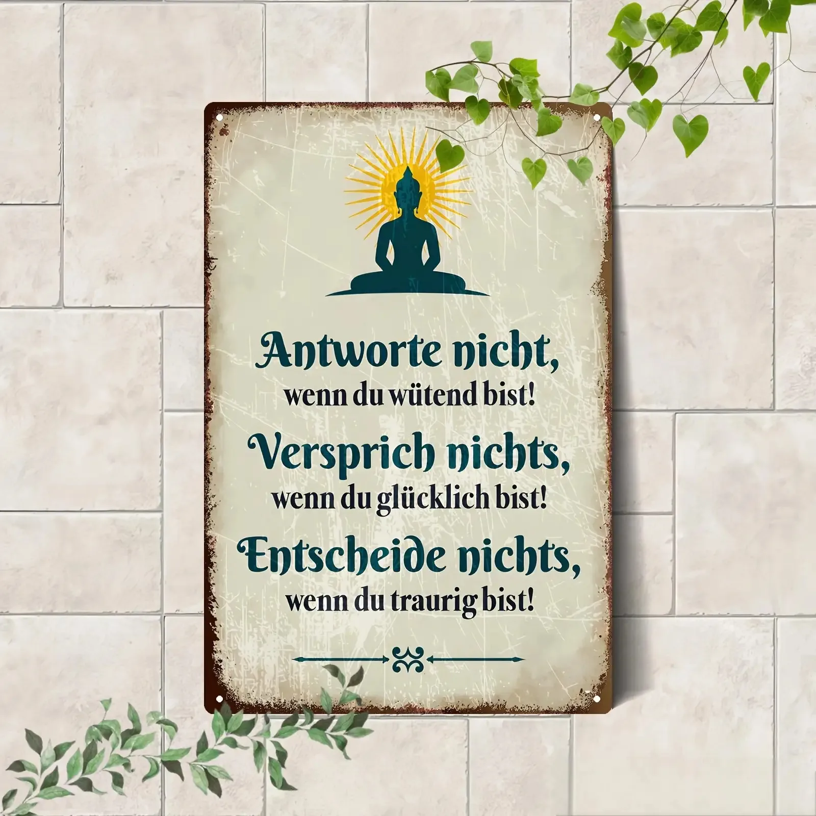 2D Flat-1pc Zen Quote Metal Wall Art Sign-Retro  Decoration Featuring an Inspirational Mantra in German,Ideal forYoga Spaces