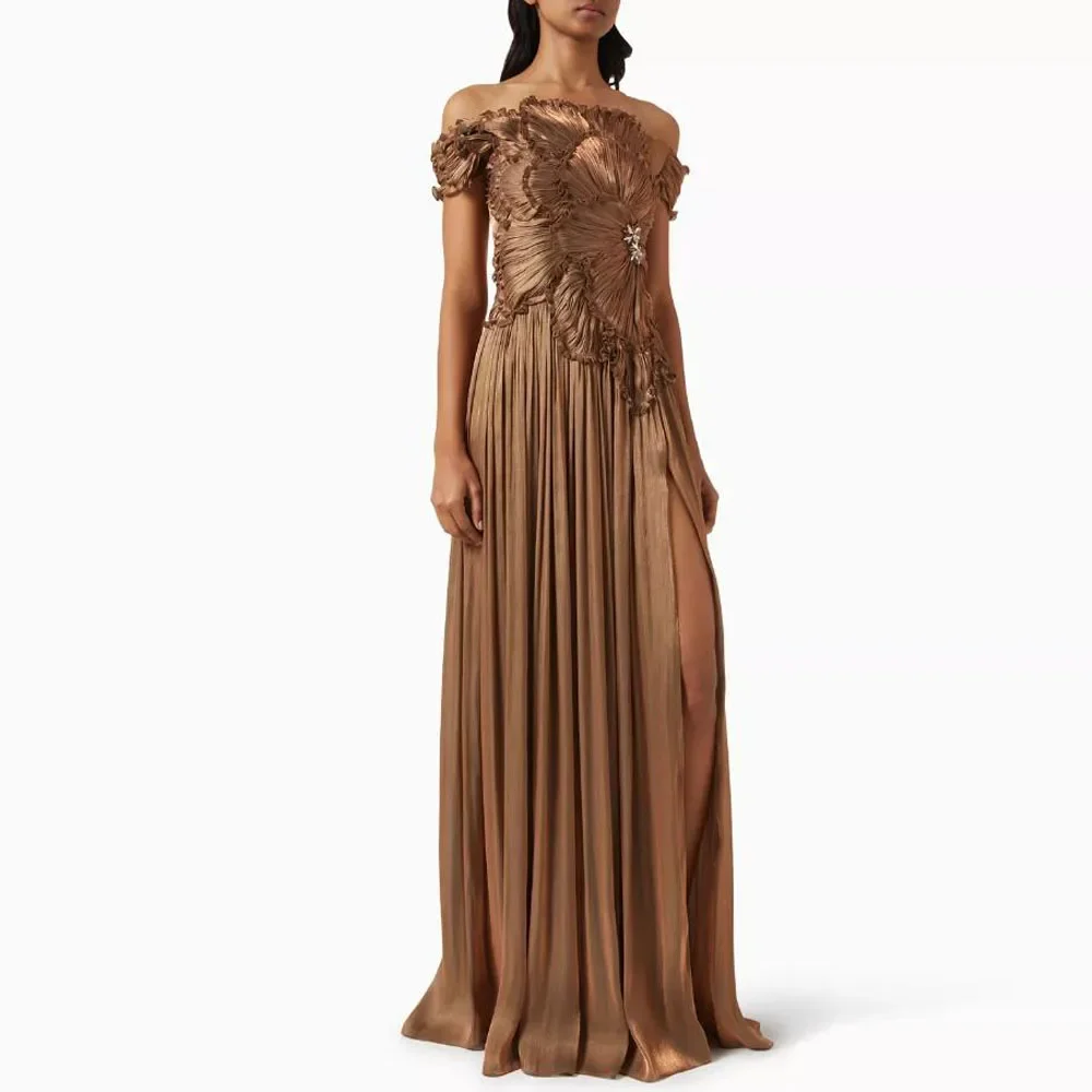 

Brown Prom Dress Off The Shoulder Pleat A Line Sexy Prom Formal Party Dress Thigh Slit Floor Length Evening Gown Customized