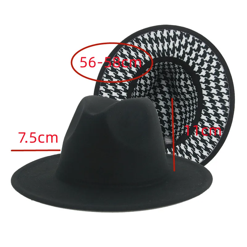 Fedoras zimowe damskie czapki Houndstooth Plaid Patchwork czapki dla kobiet moda czapki dla mężczyzn filcowany kapelusz Fedora nowy Chapeau Femme — zdjęcie 3