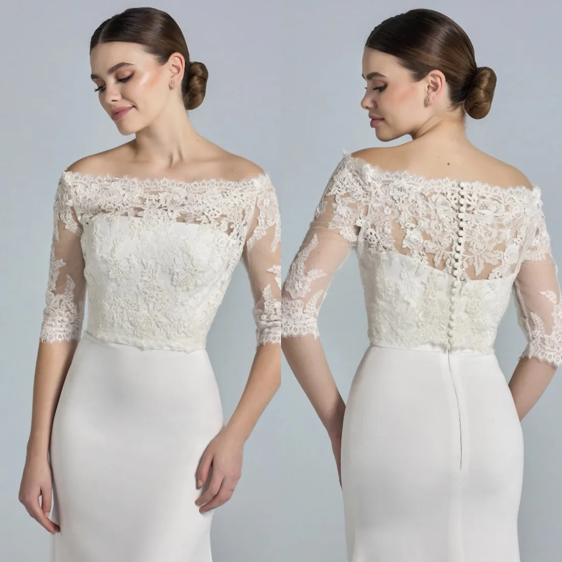 Luxury Ivory Off-Shoulder Sheer Lace Bridal Bolero with Pearl Button Back and Floral Embroidery Women Customized J26777