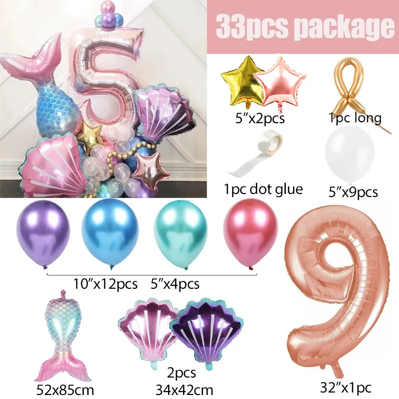 33-teiliges Ballon-Set mit Meerjungfrauenschwanz, Roségold, Zahlenfolienballon, Säulen-Set für Kindergeburtstag, Party-Dekoration, Meerjungfrau-Party, Globos – Detail 9