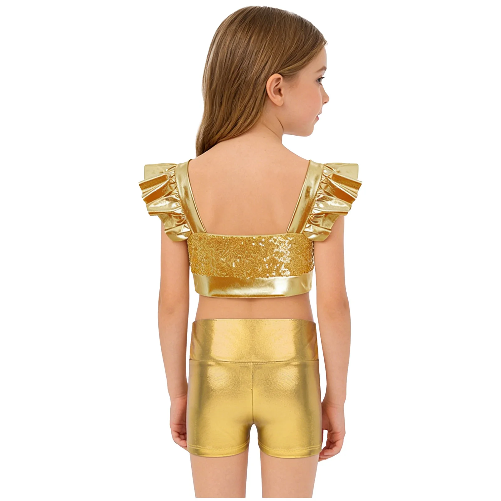 Kids Girls Jazz Dance Performance Outfit Ruffled Sleeves Sequin Metallic Crop Top with Shorts for Hip Hop Party Cheerleading