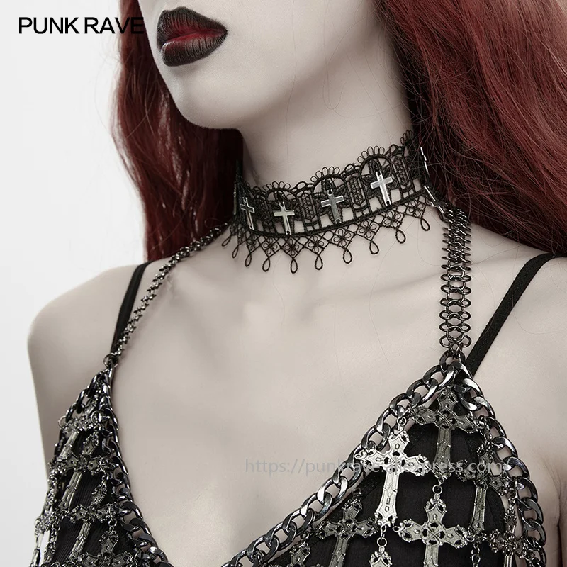 PUNK RAVE Women's Symmetrical Vintage Cross Patterns Hollow Lace Choker Classic Elegant Simple Shape Party Club Accessories view 2