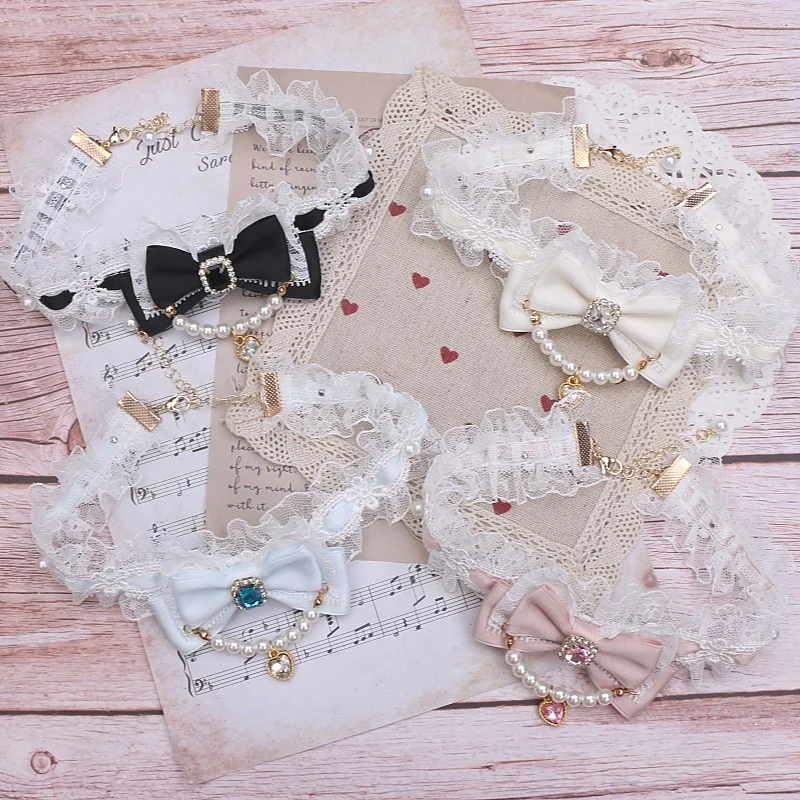 Lush Ribbon Bow Lace Handmade Bracelet and Choker Women's Ornament Beaded Bow Necklace Sweet Cute Lolita Accessories for Woman
