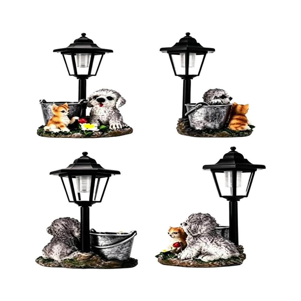 Charming Solar Dog & Cat Statue With Lantern & Planting Groove Solar Lamp For Cat And Dog Creativity Light Decoration