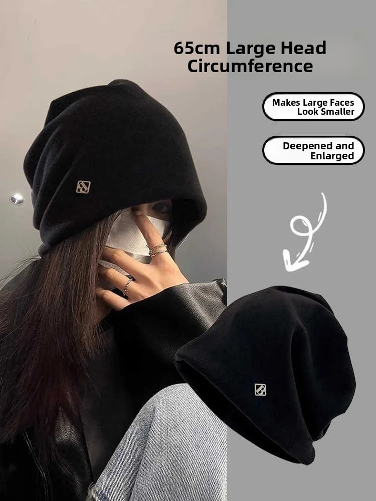 Large Head Size Knitted Cold Cap Metal Label Autumn Winter Women's Loose plus Size Knit Hat Trendy Head Cover Winter Cap