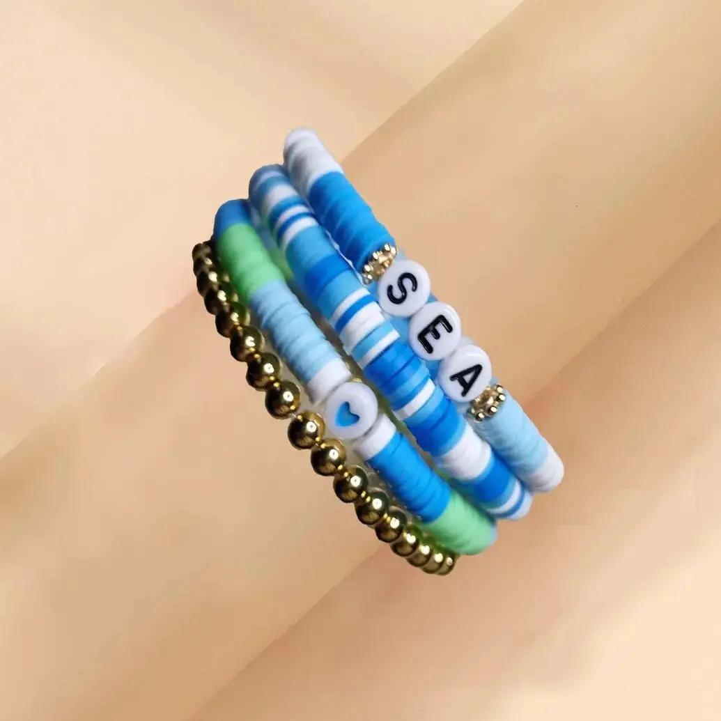 

Handmade Ocean Blue Bohemian Heart Shinning Bead Letter Bracelet For Girl Women Soft Clay Color Summer Party Friend Gift