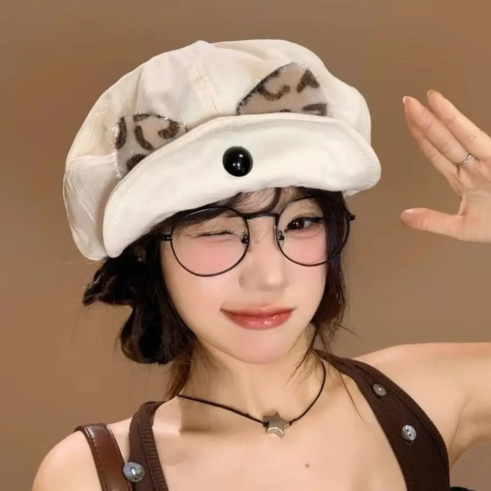 Topi Baret Vintage Bergaya Y2k dengan Telinga Kucing, Topi Baret Pelukis dengan Pinggiran Terbalik, Topi Beanie Leopard Serbaguna untuk Musim Panas dan Gugur