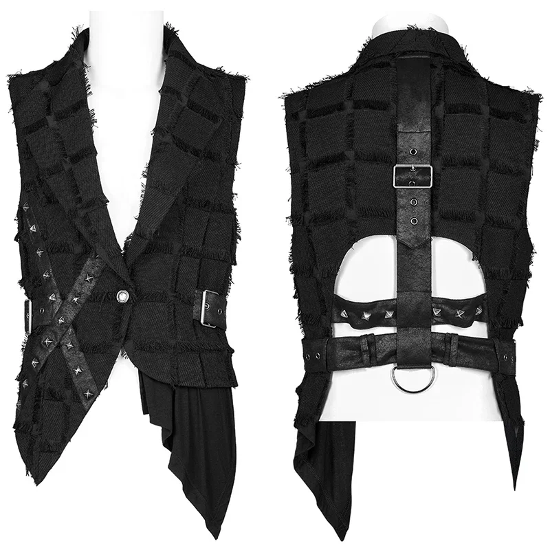 PUNK RAVE Men\'s Gothic Asymmetric Personality Twill Black Vest Casual Handsome Tank Top Back Hollow Out Design Four Seasons