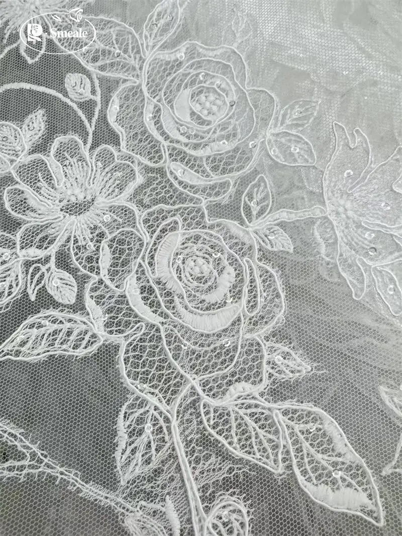 SMEALE Weißer Spitzenstoff Luxuriöses Abendkleid Französische Spitze Braut-Hochzeitsstoff. Stoffe zum Nähen – Detail 2