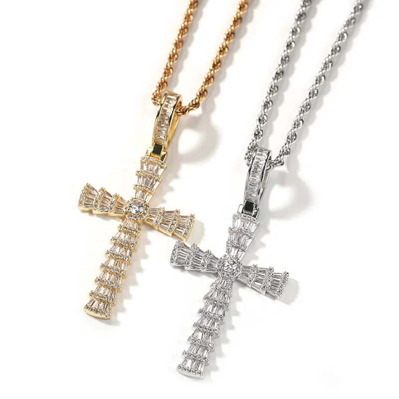 HIP HOP 5A+ CZ Stone Paved Bling Iced Out Cross Pendants Necklace for Women Men Unisex Rapper Jewelry Gold Silver Color